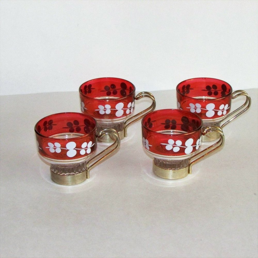 Vintage Red Glass Espresso Coffee Cups Ruby Flash Detachable Handles Mid-century